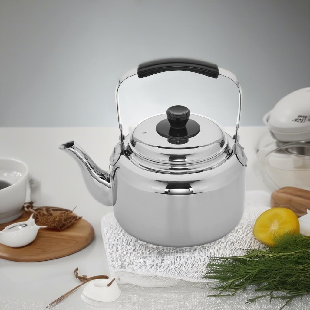 Hervidor Demeyere Resto de acero inoxidable 4.25 qt con tapa y asa, apto para inducción y lavavajillas.