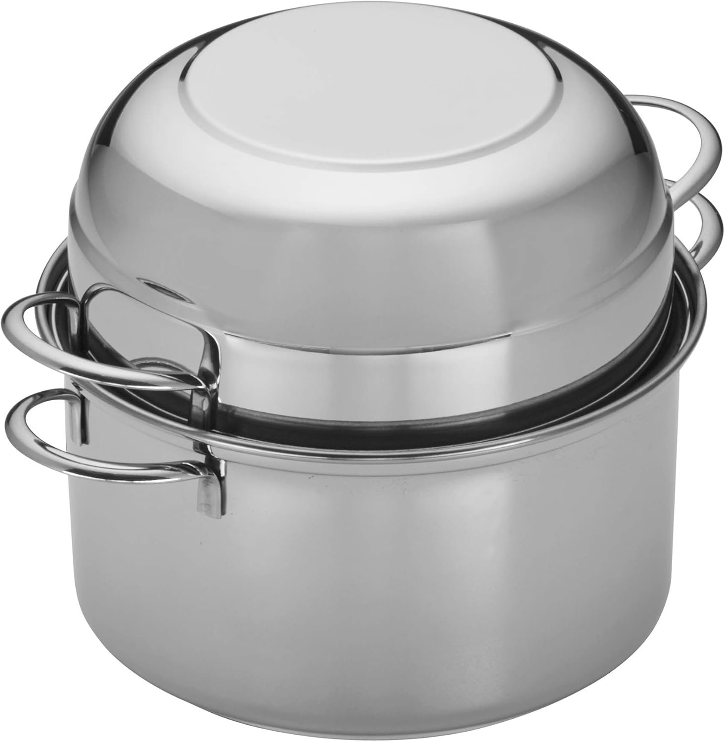 Olla para mejillones Demeyere Resto de 3.2 qt en acero inoxidable, diseño de dos piezas con tapa profunda apilada.