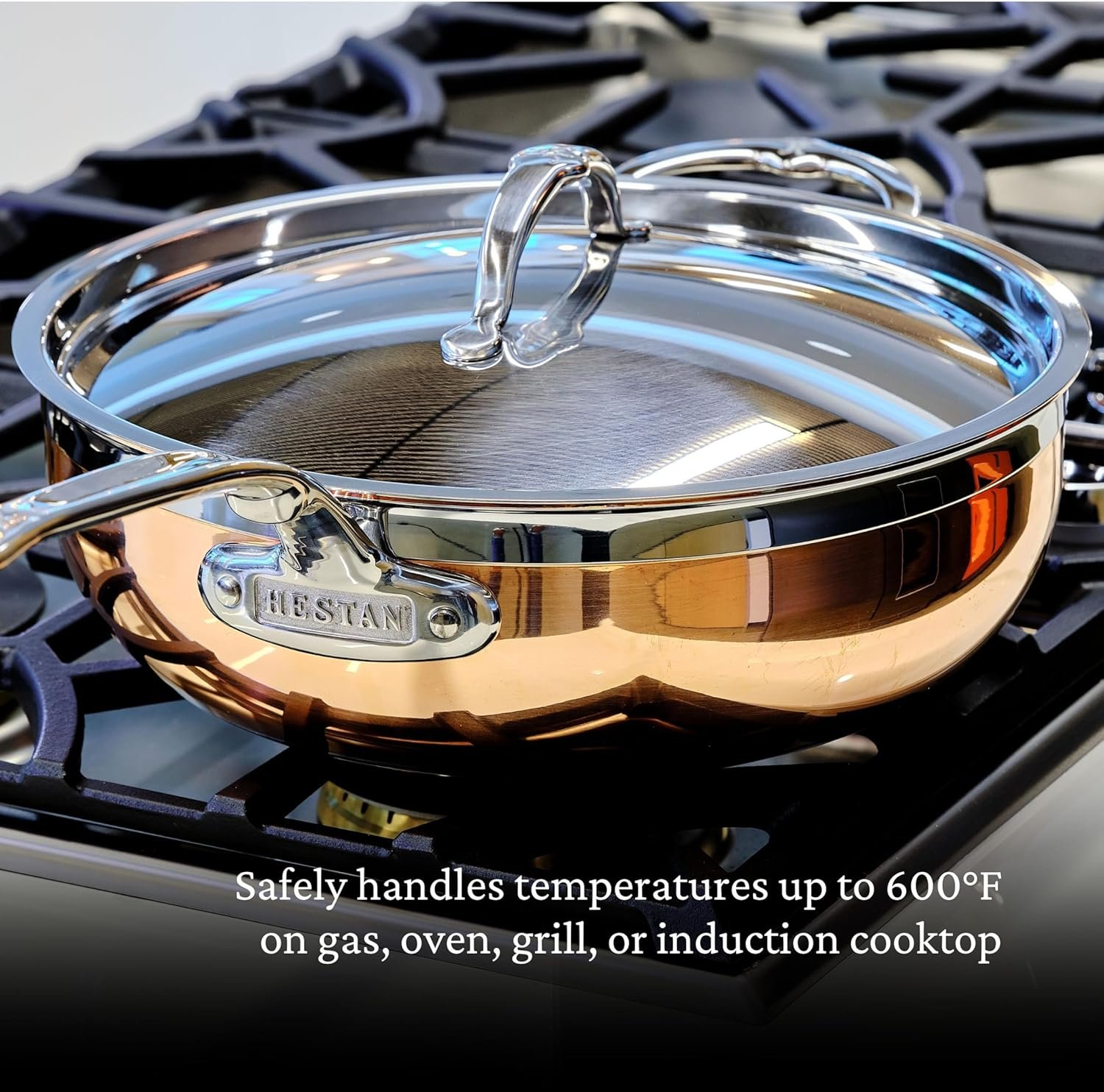 Hestan - CopperBond - Sartén esencial de cobre 100% puro, compatible con placa de inducción, 5 cuartos de galón, sobre estufa.