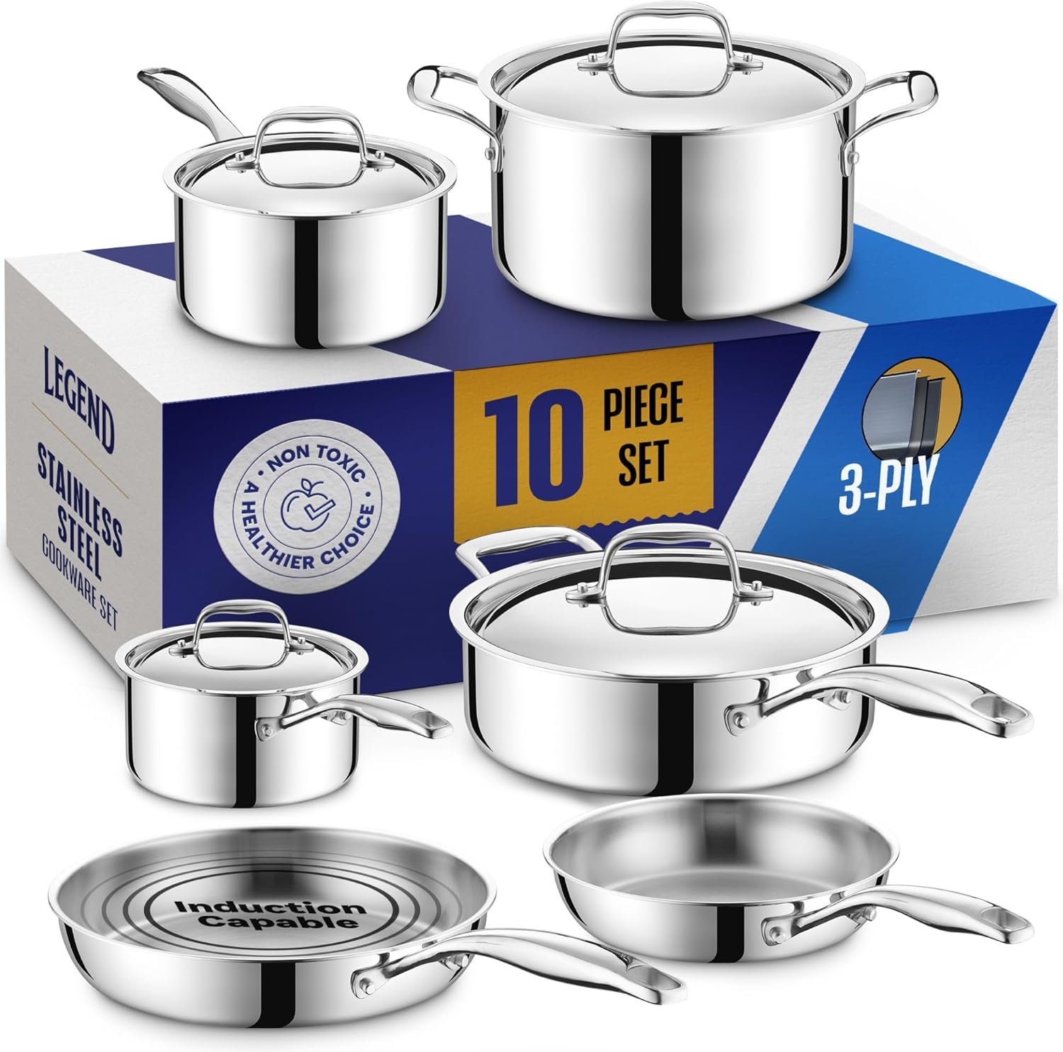 Set de ollas Legend Cookware 10 piezas de acero inoxidable, construcción 3 capas, incluye tapas y compatible con inducción
