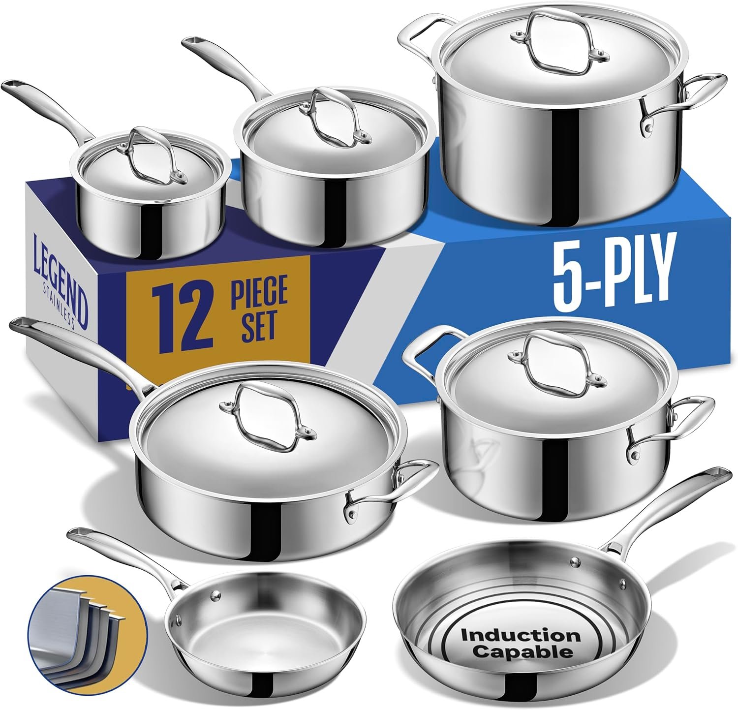Juego de ollas Legend Cookware 12 piezas de acero inoxidable, construcción 5 capas, compatible con inducción y horno, libre de tóxicos