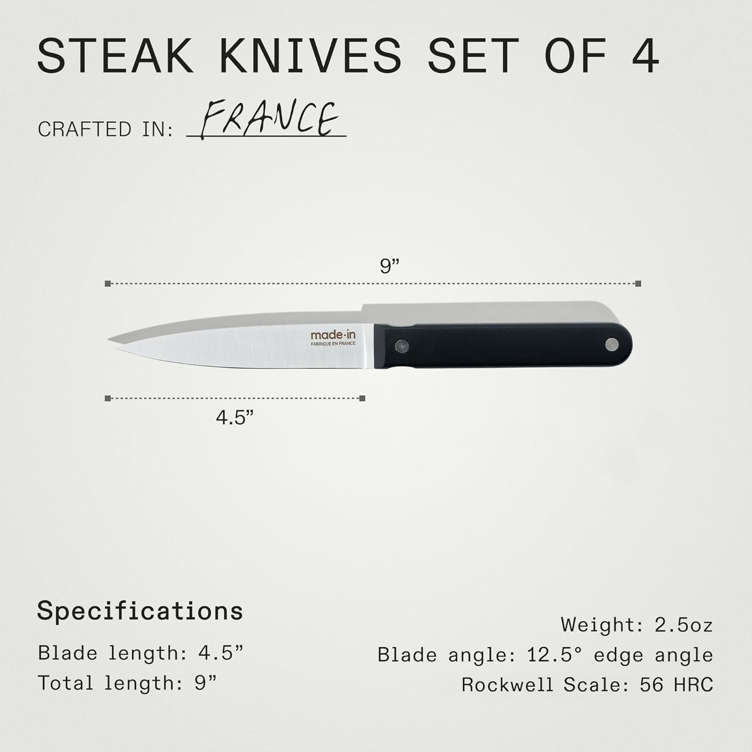 Made In Utensilios de cocina - Cuchillos para carne - Juego de 4 - Fabricado en Francia - Espiga completa con mango negro 2