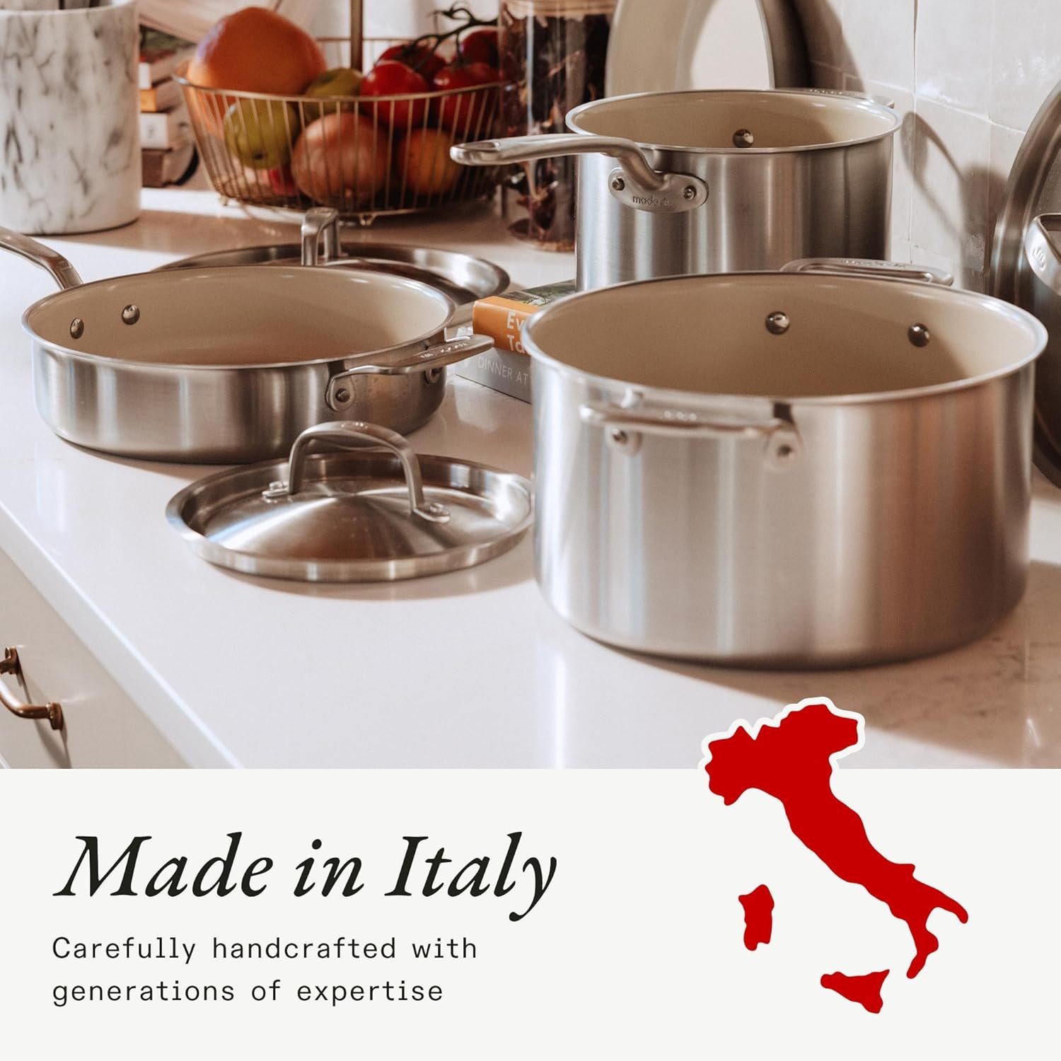 Mapa y colecciones de Made In Cookware fabricadas en Estados Unidos, Francia e Italia por artesanos