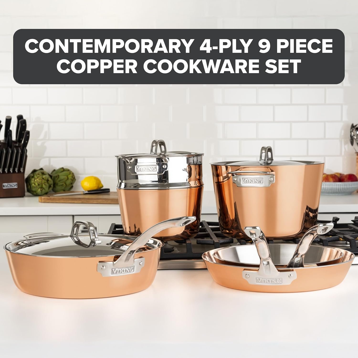 Juego de ollas y sartenes Viking 4 capas cobre contemporáneo 9 piezas