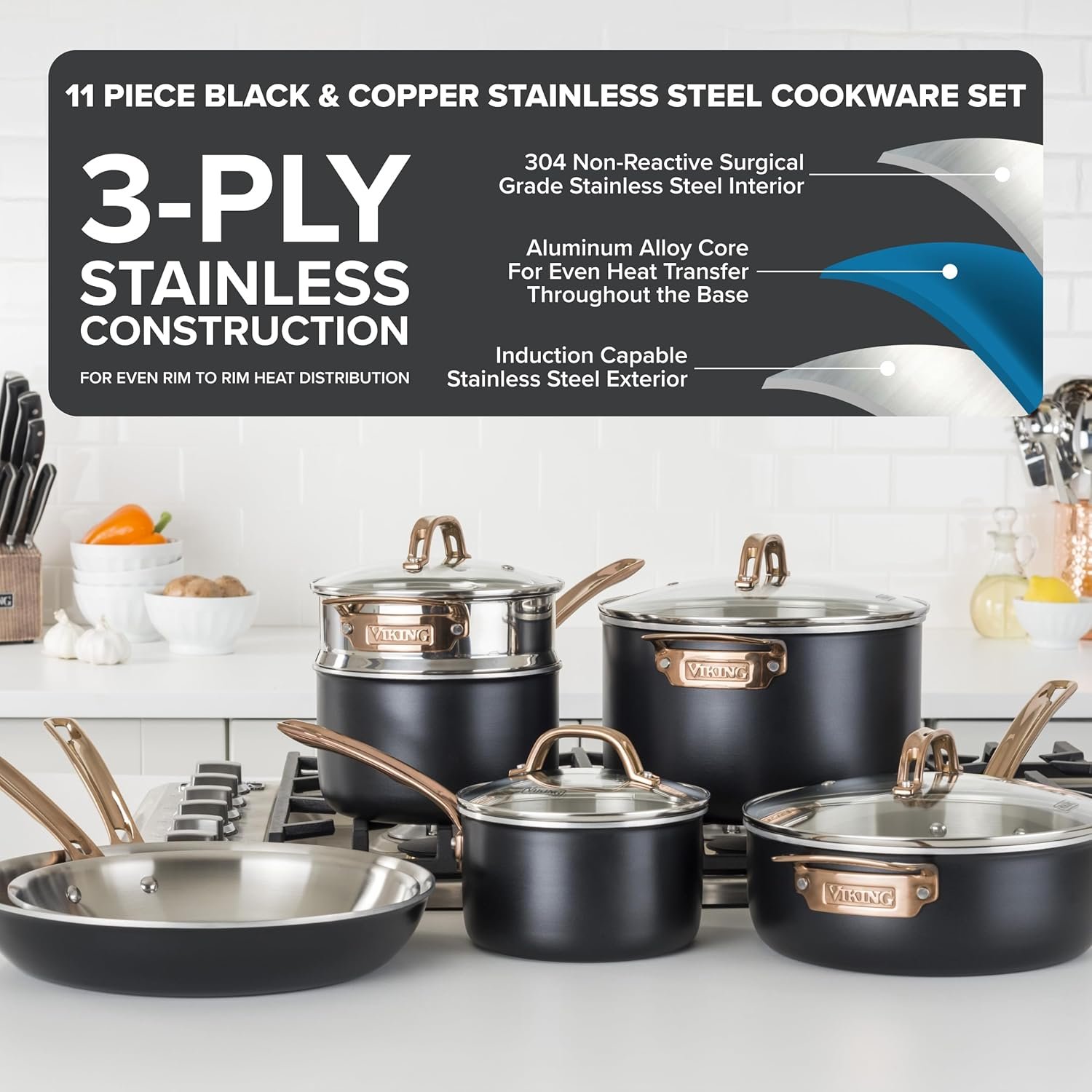 Ollas Viking 3 capas 11 piezas acero inoxidable negro con cobre