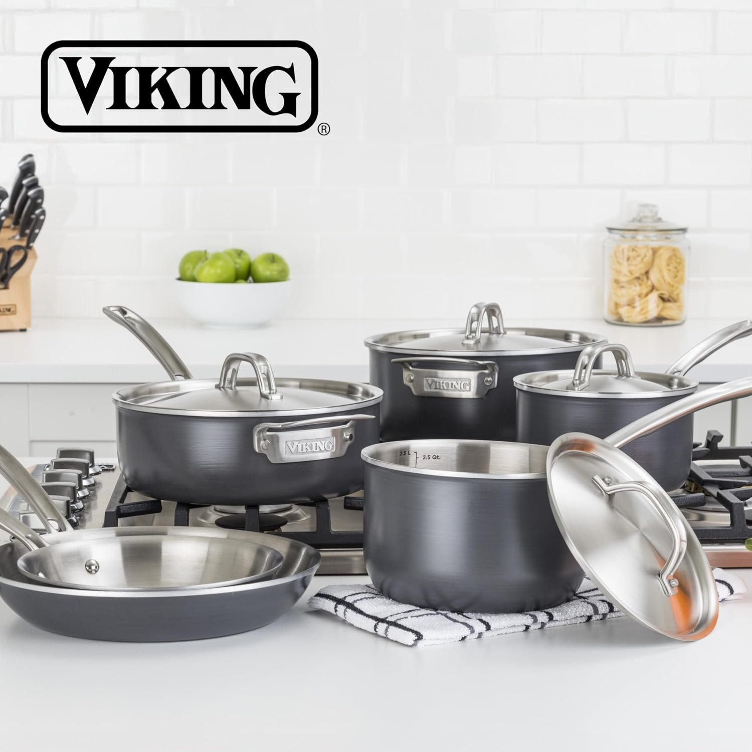 Juego de ollas y sartenes Viking de 5 capas, 10 piezas anodizado duro con tapas de acero inoxidable color plateado