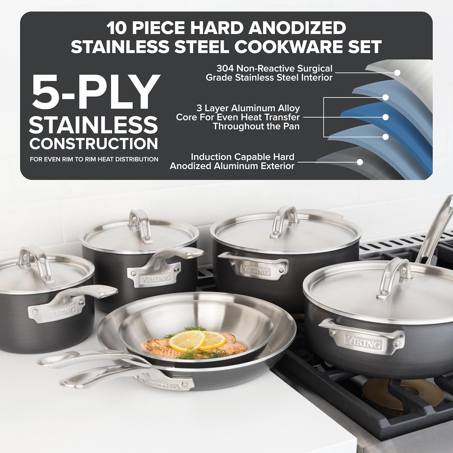 Juego de ollas y sartenes Viking 5 capas anodizadas duras 10 piezas acero inoxidable