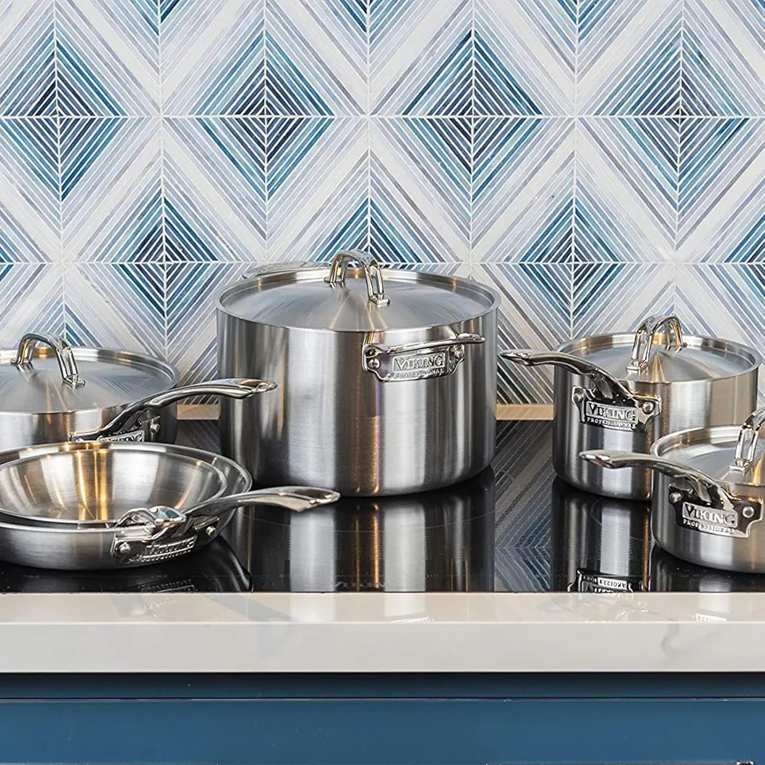 Juego de ollas y sartenes Viking de 5 capas, 10 piezas de acero inoxidable color plateado con tapas metálicas