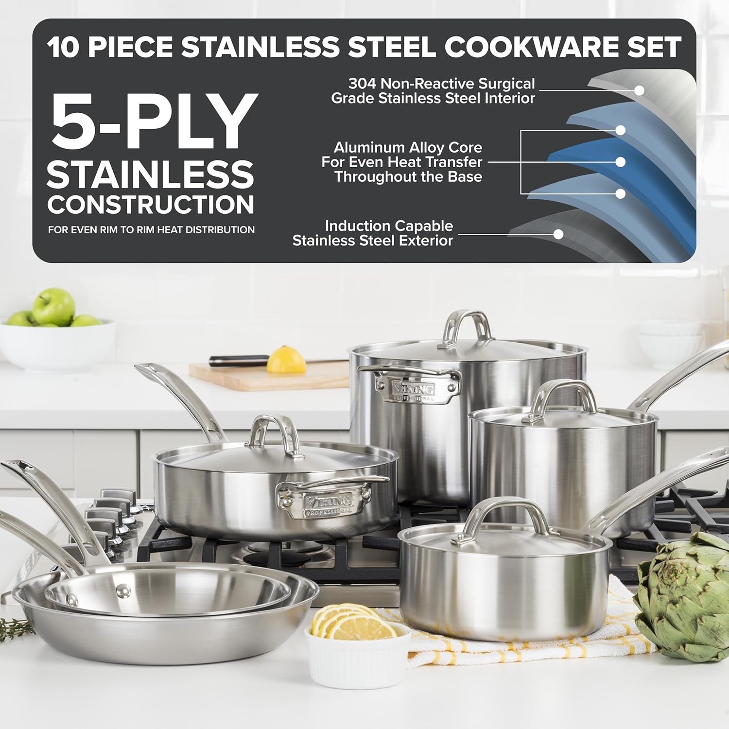 Juego de ollas y sartenes Viking de 5 capas (5-ply), 10 piezas de acero inoxidable color plateado