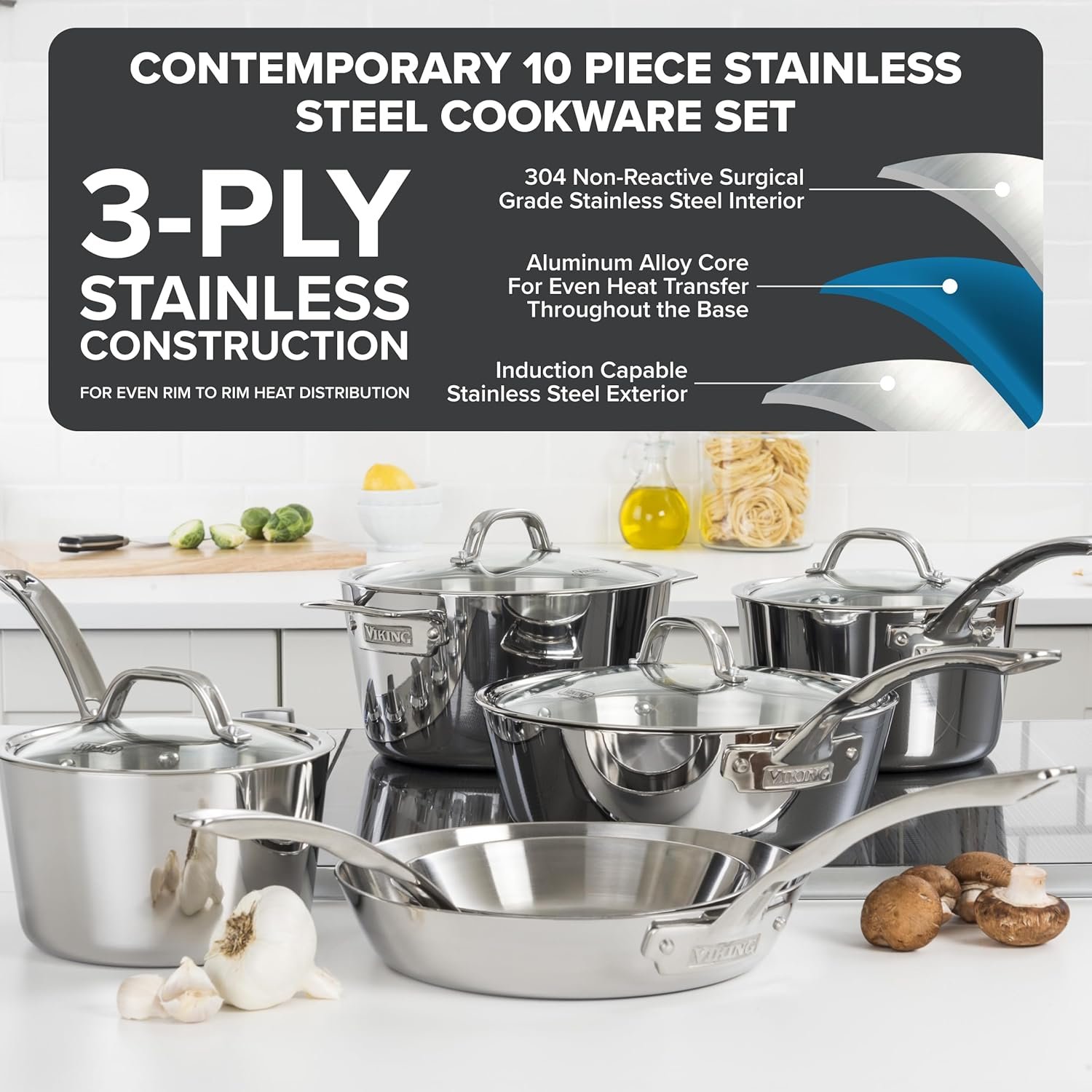 Juego de ollas y sartenes Viking 3 capas acero inoxidable 10 piezas