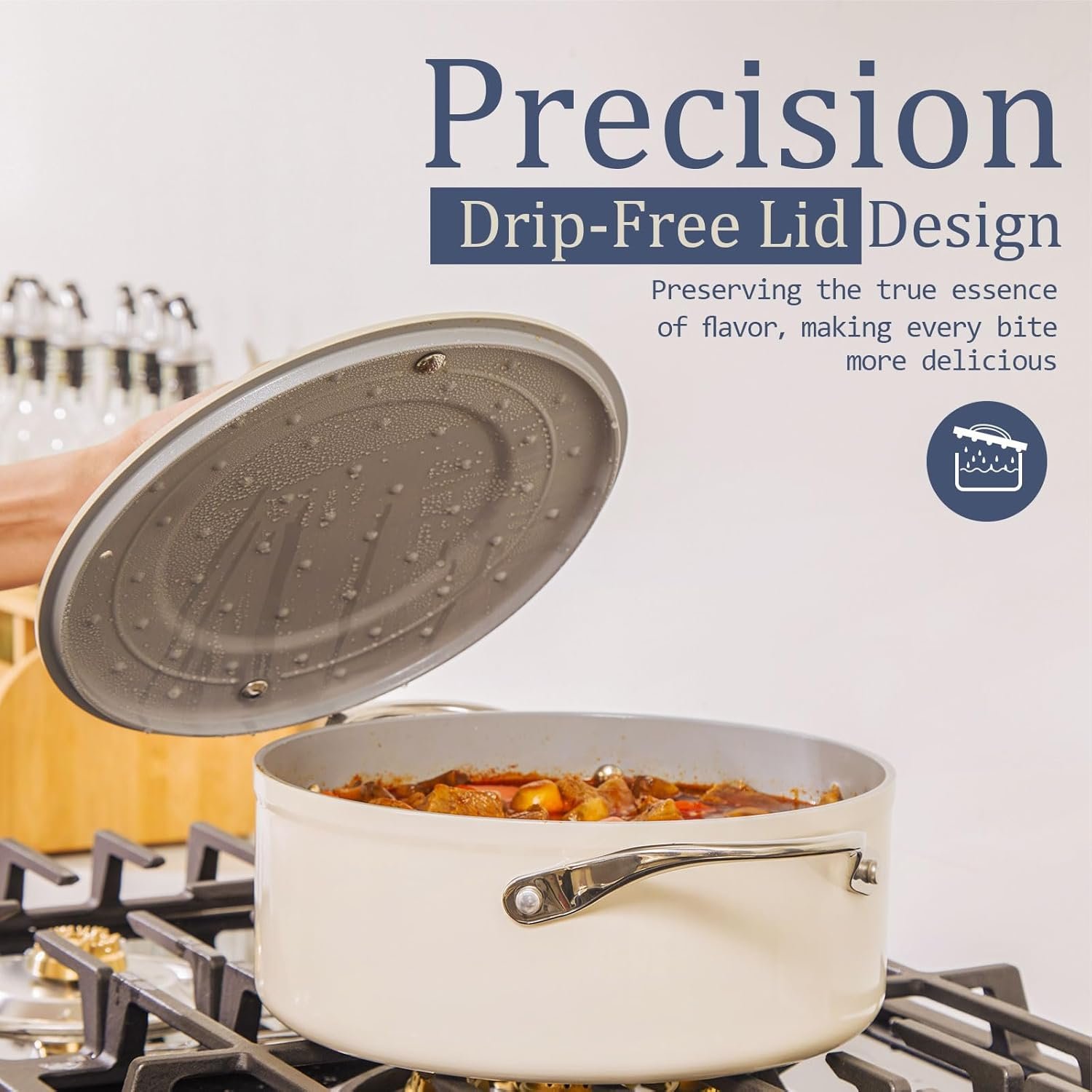 tapa Caraway con borde de acero inoxidable y diseño antiderrames.