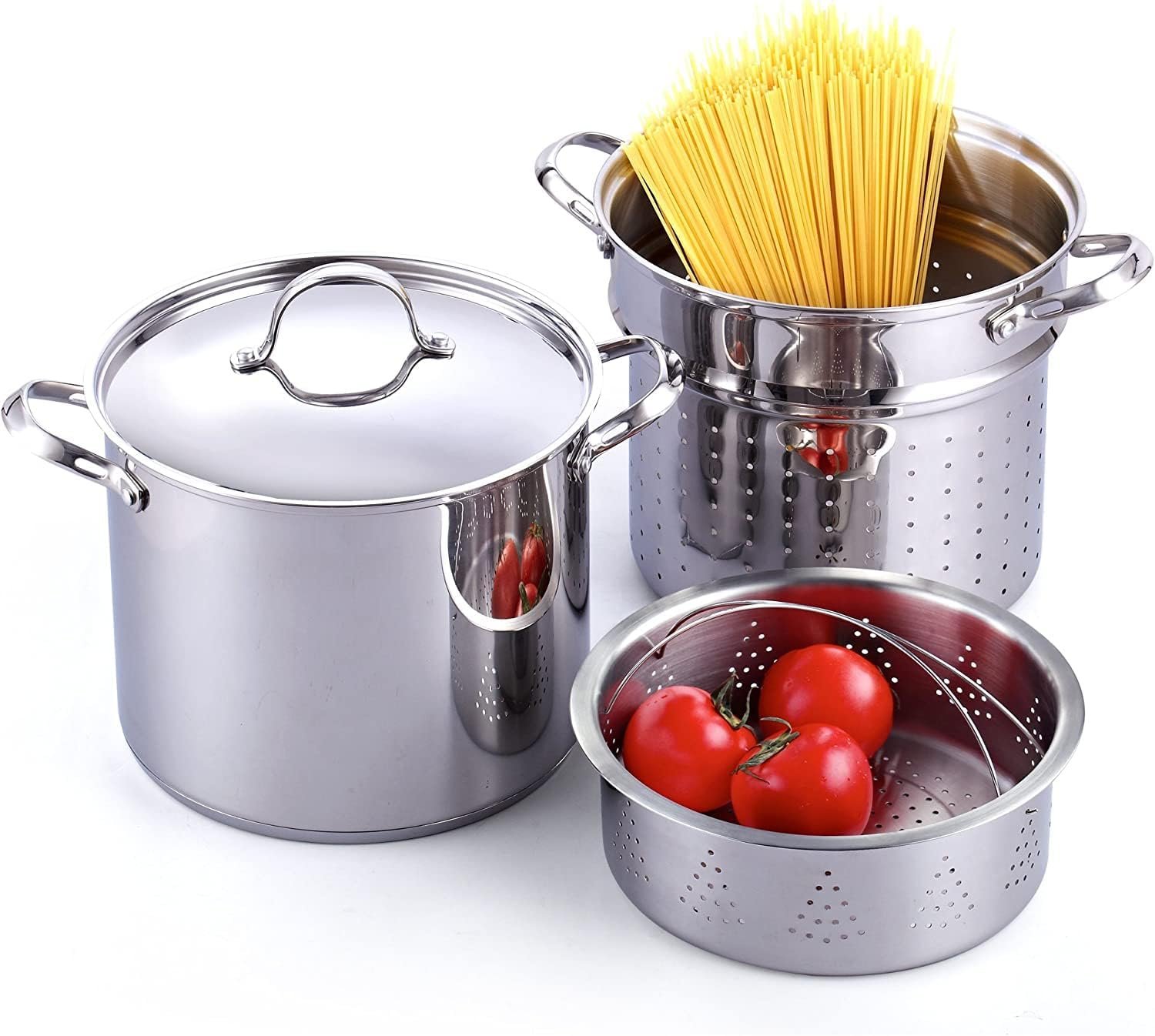 olla para pasta Cook’s Standard de acero inoxidable 18/10, juego de 4 piezas con colador e insertos vaporizadores