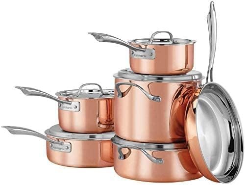 juego de ollas Cuisinart de cobre de 11 piezas con núcleo de aluminio y triple capa de acero inoxidable, diseño profesional y elegante