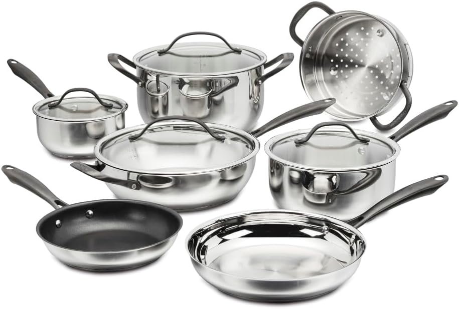 juego de ollas Cuisinart Radiant Pro de 11 piezas en acero inoxidable con acabado de titanio cepillado, diseño duradero y elegante