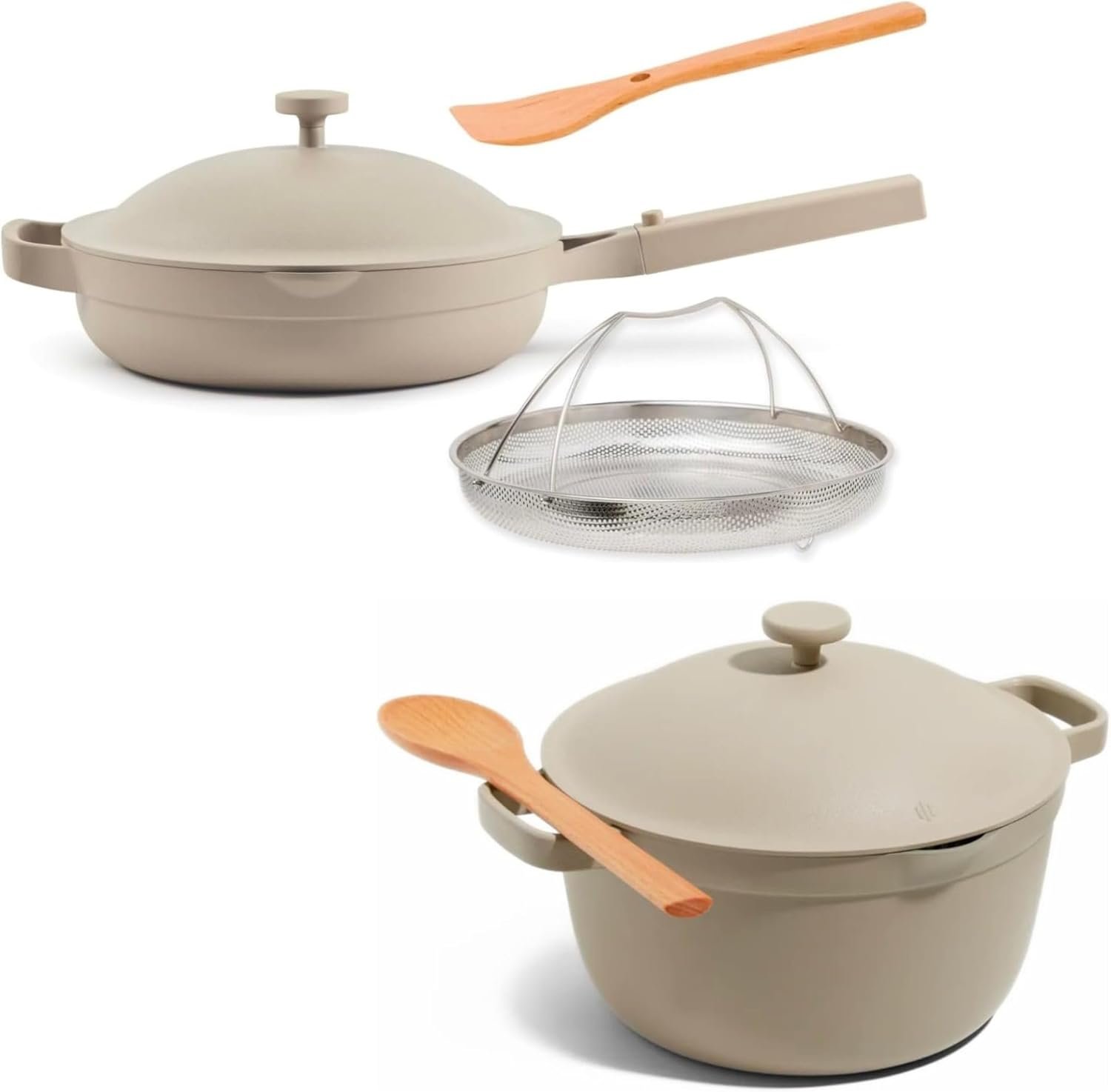 Ollas Our Place Cookware Duo de 7 piezas con sartén Always Pan, Perfect Pot, espátulas y tapa de vidrio. Juego multifuncional, antiadherente y libre de tóxicos, seguro para horno y estufa hasta 450 °F.