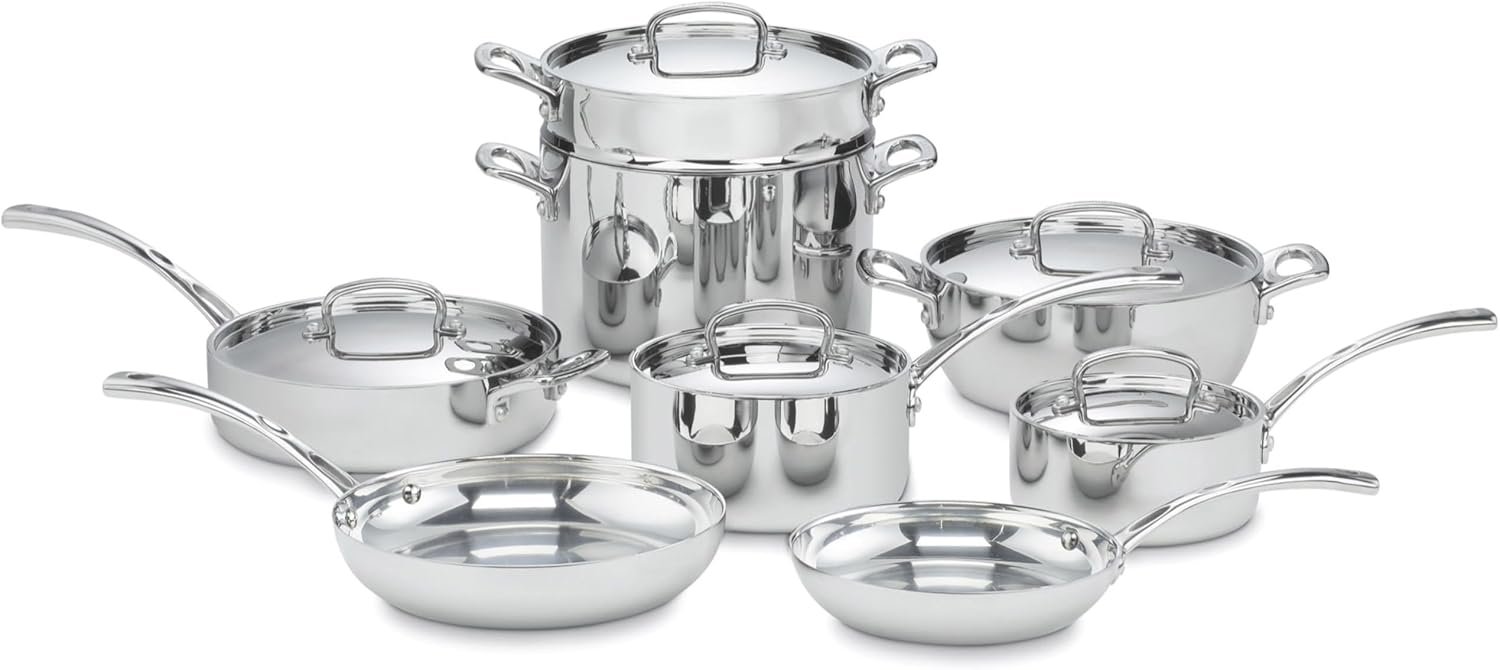 ollas Cuisinart French Classic de acero inoxidable triple capa con tapas de vidrio, colección de utensilios de cocina profesional