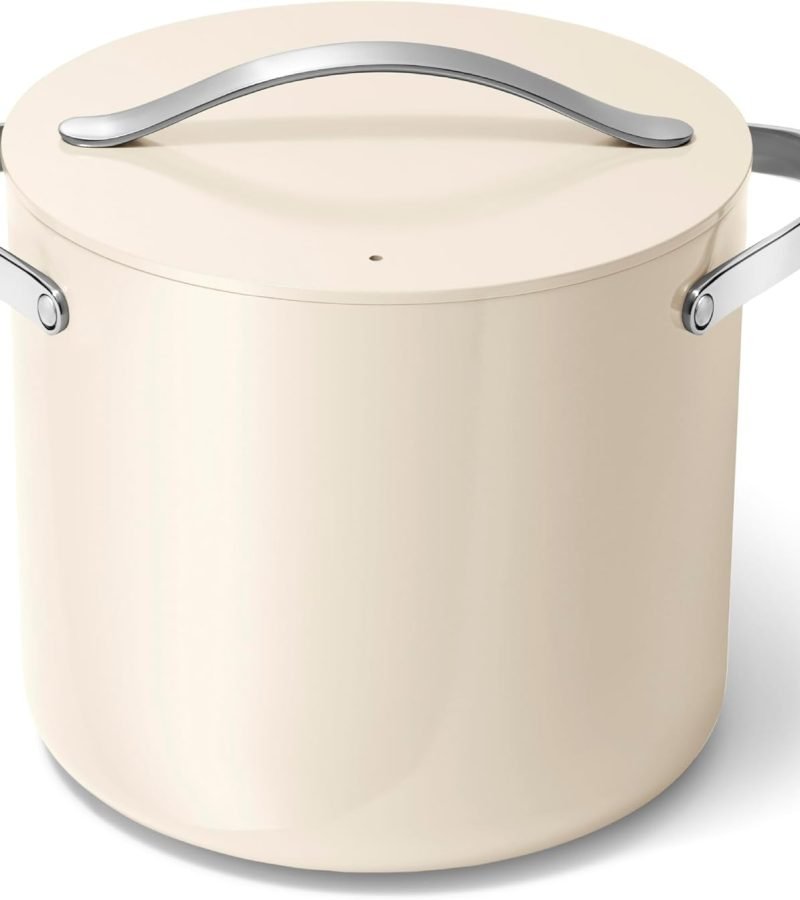 Caraway Olla de caldo – 12 cuartos de galón recubierta de cerámica con tapa – Libre de productos químicos Forever – Grande para lotes más grandes – Crema
