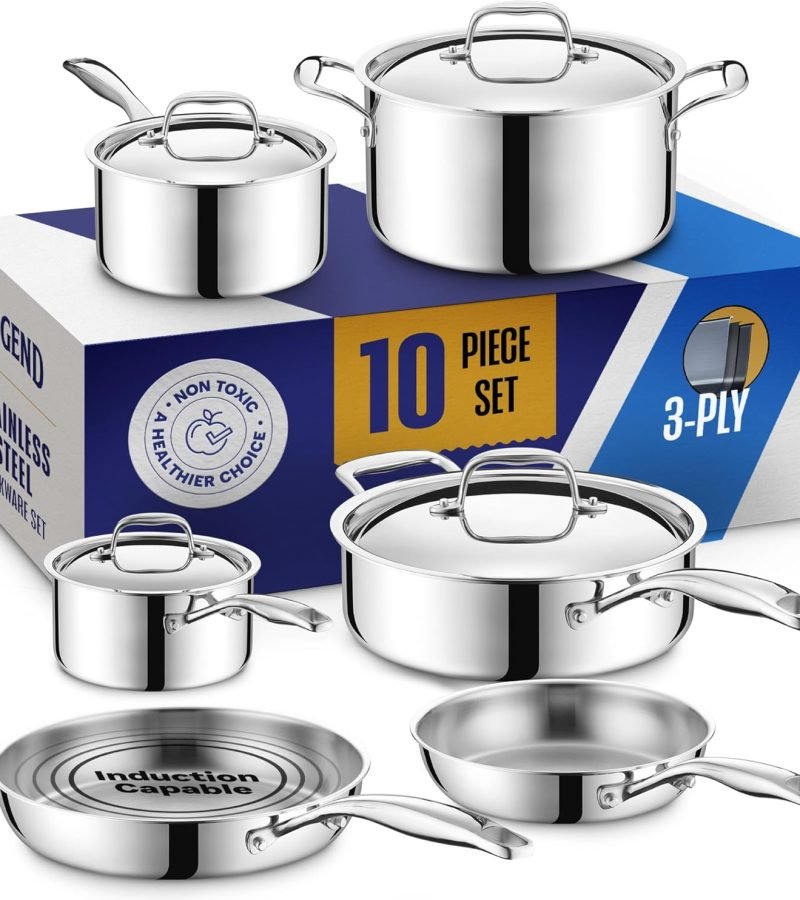 Set de ollas Legend Cookware 10 piezas de acero inoxidable, construcción 3 capas, incluye tapas y compatible con inducción