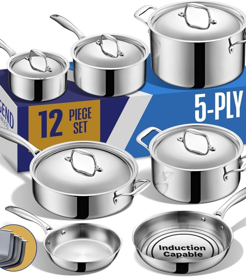 Juego de ollas Legend Cookware 12 piezas de acero inoxidable, construcción 5 capas, compatible con inducción y horno, libre de tóxicos