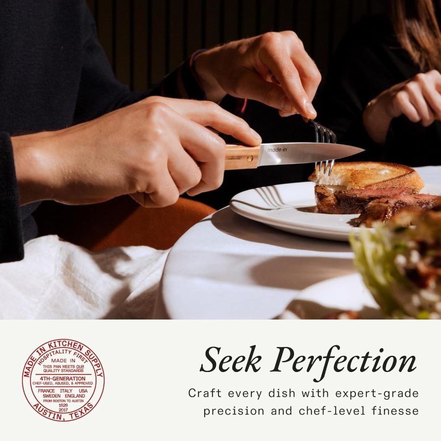 Made In Utensilios de cocina - Cuchillos para carne - Juego de 4 - Fabricado en Francia - Espiga completa con mango negro .1