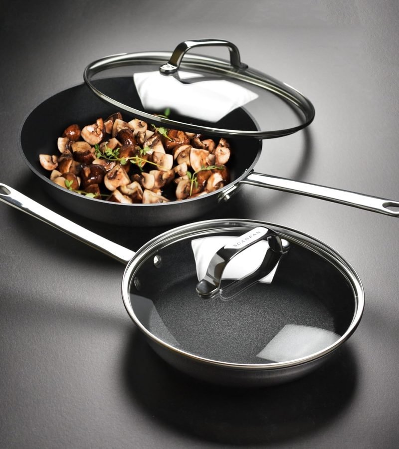 Scanpan Stratanium+ juego de sartenes de 9.5 y 11 pulgadas con tapas, acero inoxidable de 5 capas, fabricados en Dinamarca
