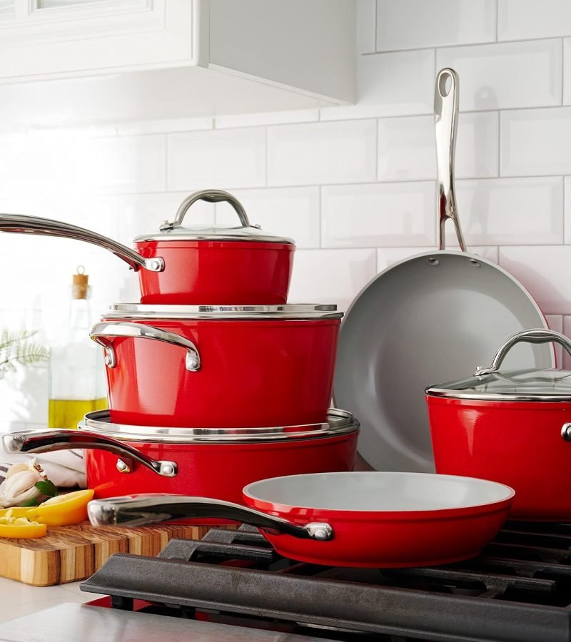 Ollas Tramontina cerámica set antiadherente de 10 piezas color rojo
