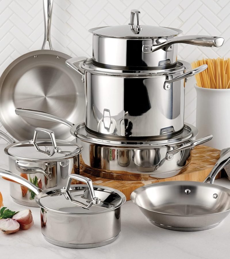 Ollas Tramontina Prima de acero inoxidable con 3 capas, compatible con inducción y horno