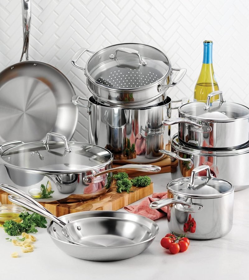 Ollas Tramontina Tri-Ply Clad: set de 14 piezas de acero inoxidable con tapas de vidrio