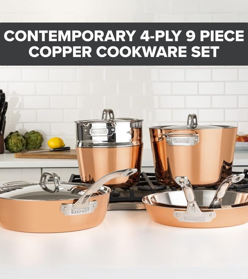 Juego de ollas y sartenes Viking 4 capas cobre contemporáneo 9 piezas