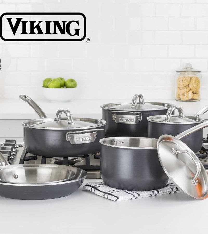 Juego de ollas y sartenes Viking de 5 capas, 10 piezas anodizado duro con tapas de acero inoxidable color plateado