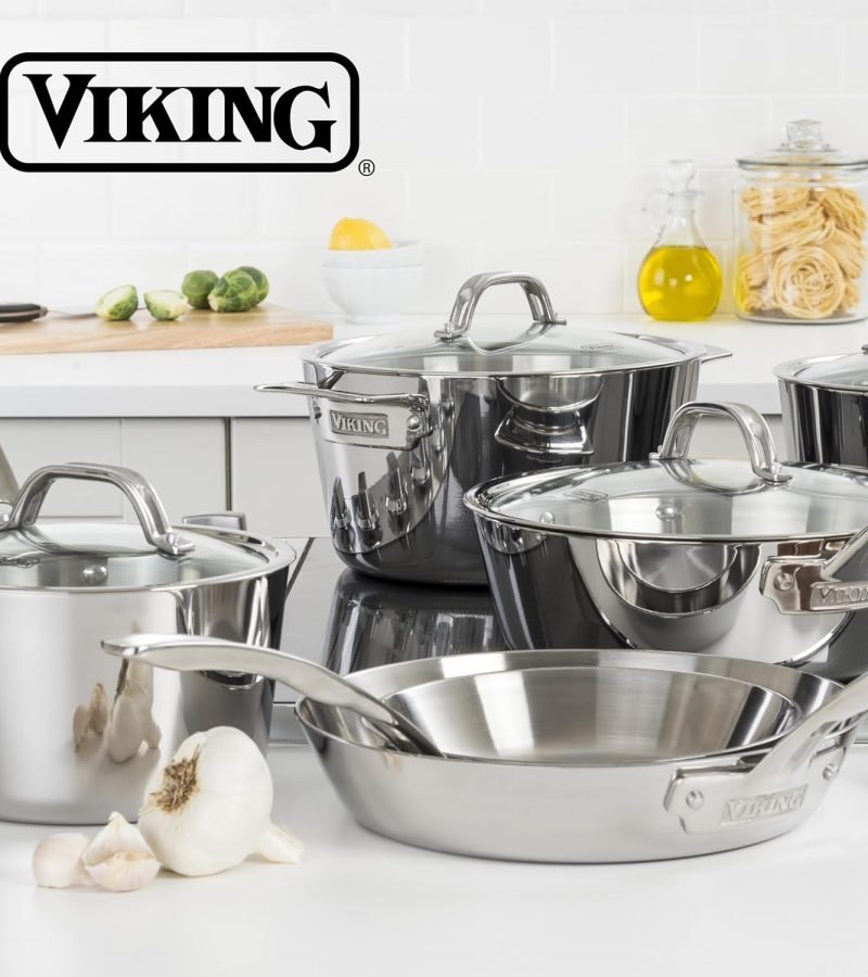 Juego de ollas y utensilios Viking contemporáneos de acero inoxidable 3 capas, 10 piezas color plateado